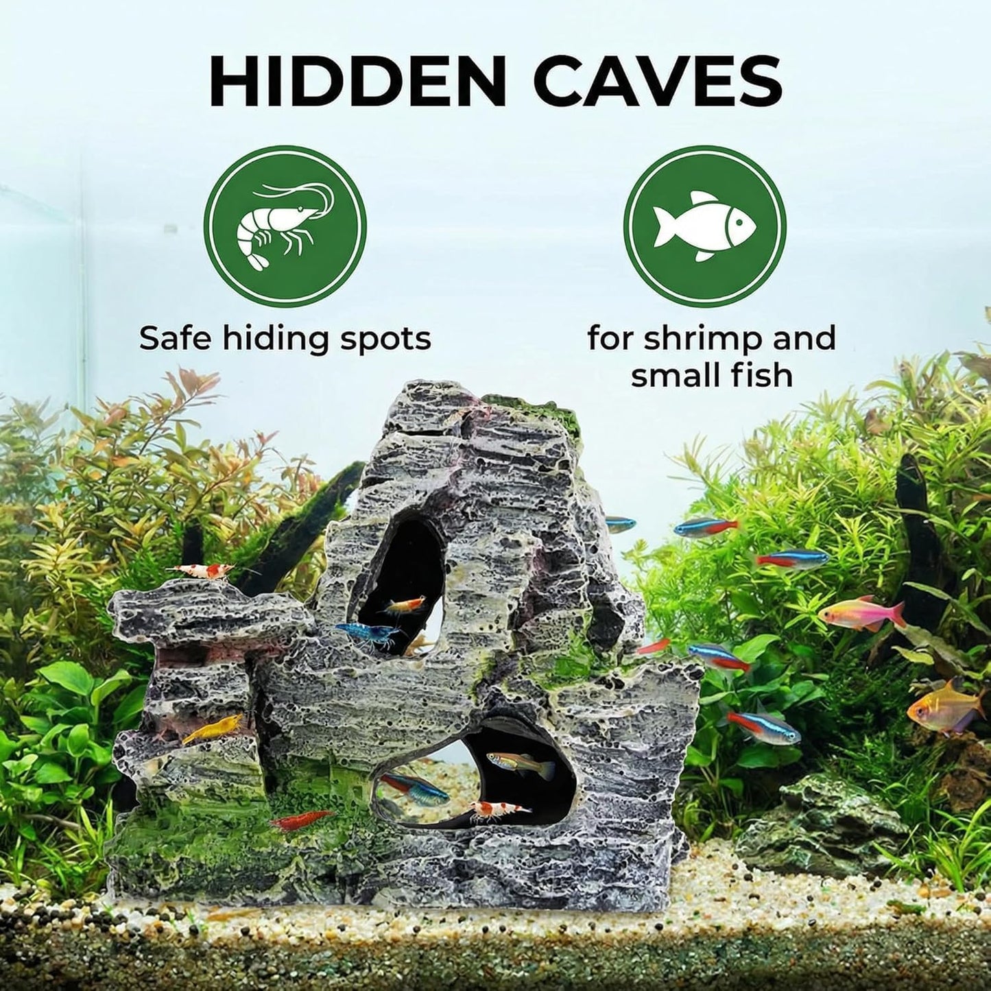 Resin Aquarium Mountain Decor with Moss Rock Cave - Multi-Level Terrain for Fish Tank Landscaping,Rock Hidden Cave and Crevices for Shrimp, Reptile Habitat
