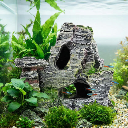 Resin Aquarium Mountain Decor with Moss Rock Cave - Multi-Level Terrain for Fish Tank Landscaping,Rock Hidden Cave and Crevices for Shrimp, Reptile Habitat