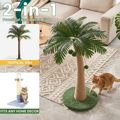 43 Inch Tall Cat Scratching Post for Indoor Large Cats, Natural Sisal Scratch Post with Hanging Toys, Stable Base Cat Scratcher for Kittens & Adult Cats, Tropical Cat Tree Furniture