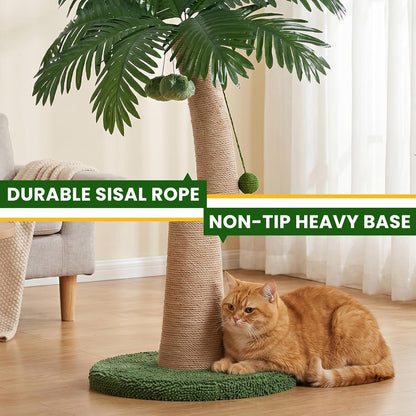 43 Inch Tall Cat Scratching Post for Indoor Large Cats, Natural Sisal Scratch Post with Hanging Toys, Stable Base Cat Scratcher for Kittens & Adult Cats, Tropical Cat Tree Furniture