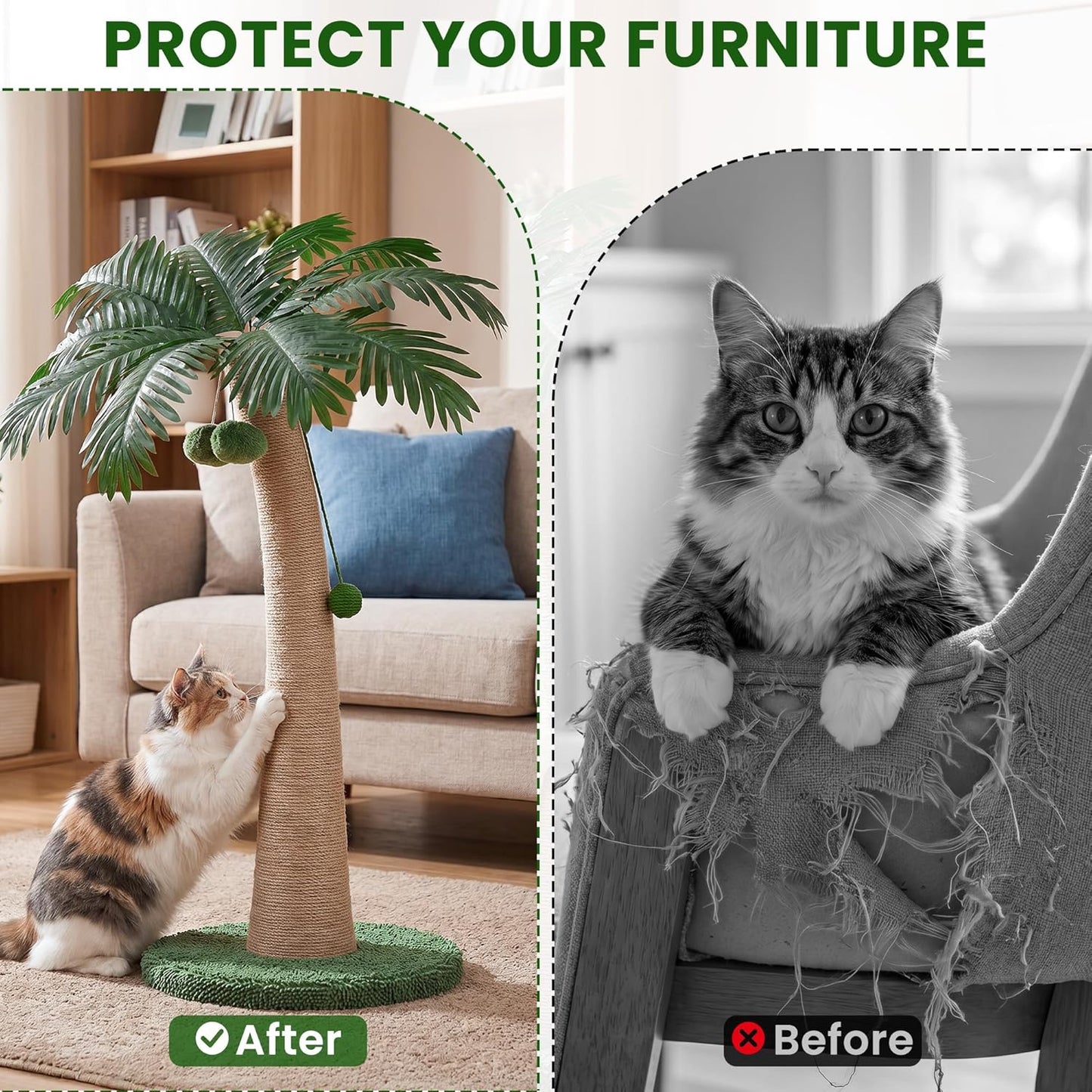 43 Inch Tall Cat Scratching Post for Indoor Large Cats, Natural Sisal Scratch Post with Hanging Toys, Stable Base Cat Scratcher for Kittens & Adult Cats, Tropical Cat Tree Furniture