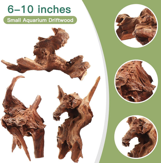 Driftwood for Aquarium, 3 Pieces 6-10" Natural Small Drift Wood Fish Tank Assorted Branch Decorations Pieces for Reptile Hide - Colors A