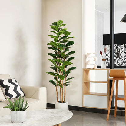 7ft Artificial Fiddle Leaf Fig Tree with White Planter, Tall Fake Tree with 5 Natural Wood Trunk for Home Decor, Faux Ficus Tree Fake Moss for Indoor Office Living Room