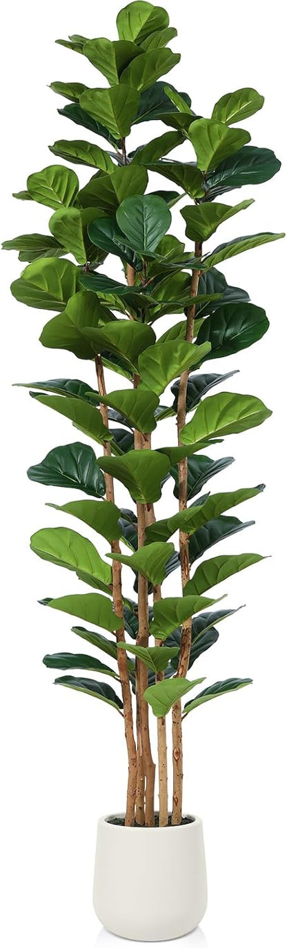 7ft Artificial Fiddle Leaf Fig Tree with White Planter, Tall Fake Tree with 5 Natural Wood Trunk for Home Decor, Faux Ficus Tree Fake Moss for Indoor Office Living Room