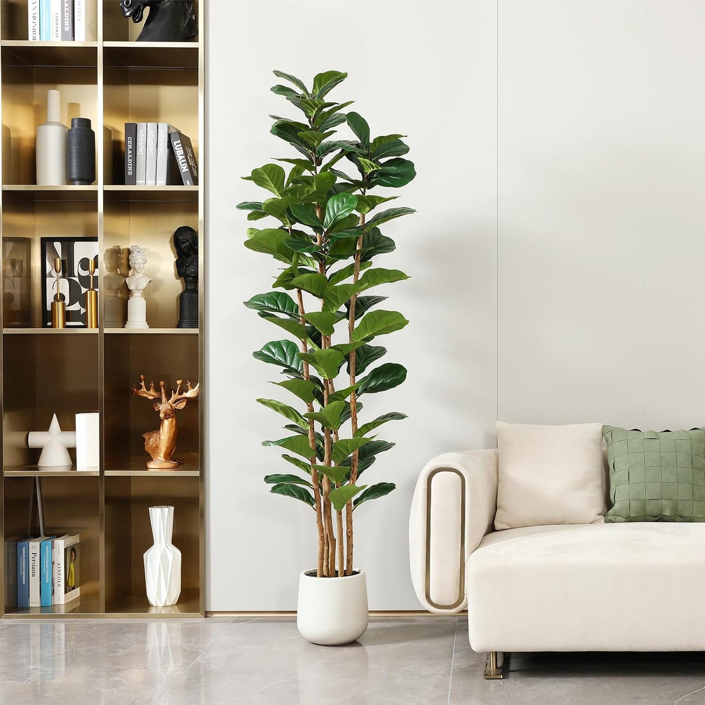 7ft Artificial Fiddle Leaf Fig Tree with White Planter, Tall Fake Tree with 5 Natural Wood Trunk for Home Decor, Faux Ficus Tree Fake Moss for Indoor Office Living Room