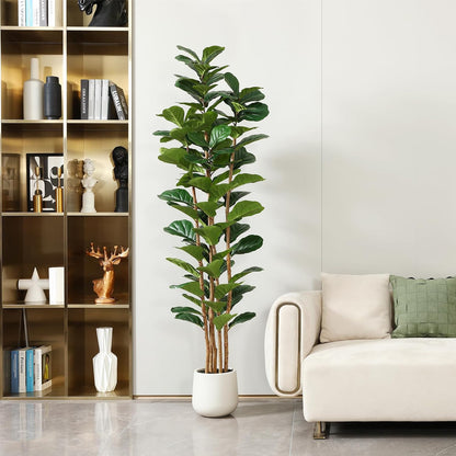 7ft Artificial Fiddle Leaf Fig Tree with White Planter, Tall Fake Tree with 5 Natural Wood Trunk for Home Decor, Faux Ficus Tree Fake Moss for Indoor Office Living Room