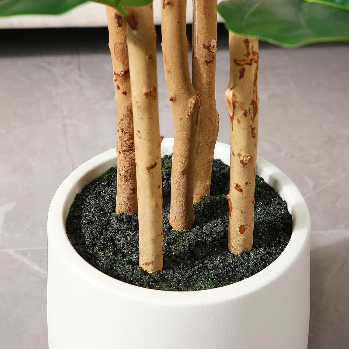 7ft Artificial Fiddle Leaf Fig Tree with White Planter, Tall Fake Tree with 5 Natural Wood Trunk for Home Decor, Faux Ficus Tree Fake Moss for Indoor Office Living Room