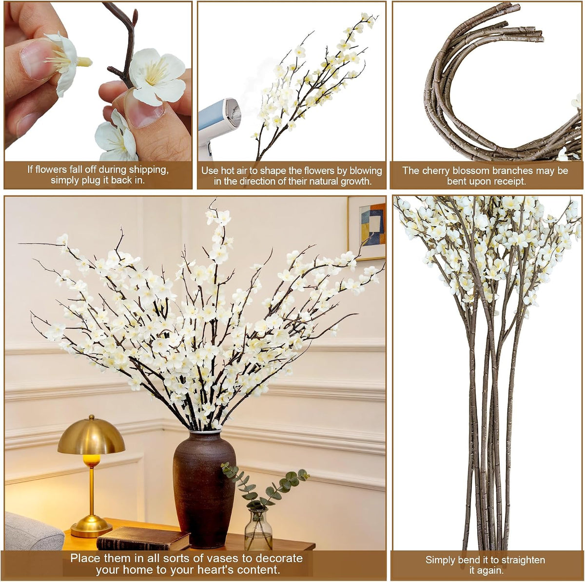 Cherry Blossom Branches 39 Inch 6PC White Cheery Blossom Branches for Decor