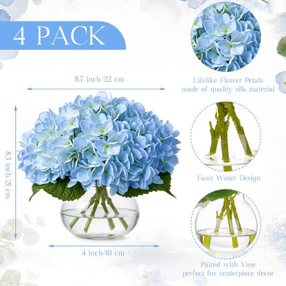 4 Pack Hydrangea Artificial Flowers Hydrangea Flowers Fake Silk Hydrangeas with Faux Vase and Water for Home Table Centerpieces Wedding Birthday Baby Shower Party Decoration (White)