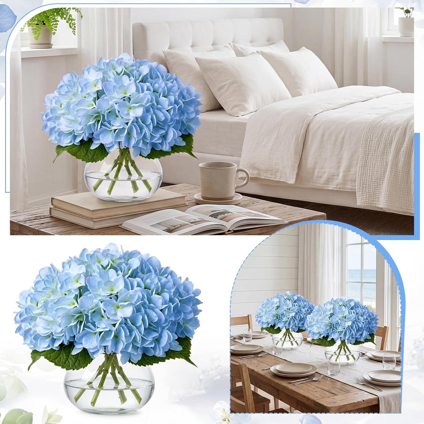 4 Pack Hydrangea Artificial Flowers Hydrangea Flowers Fake Silk Hydrangeas with Faux Vase and Water for Home Table Centerpieces Wedding Birthday Baby Shower Party Decoration (White)