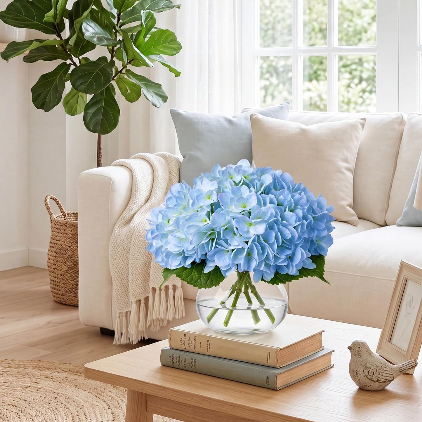 4 Pack Hydrangea Artificial Flowers Hydrangea Flowers Fake Silk Hydrangeas with Faux Vase and Water for Home Table Centerpieces Wedding Birthday Baby Shower Party Decoration (White)