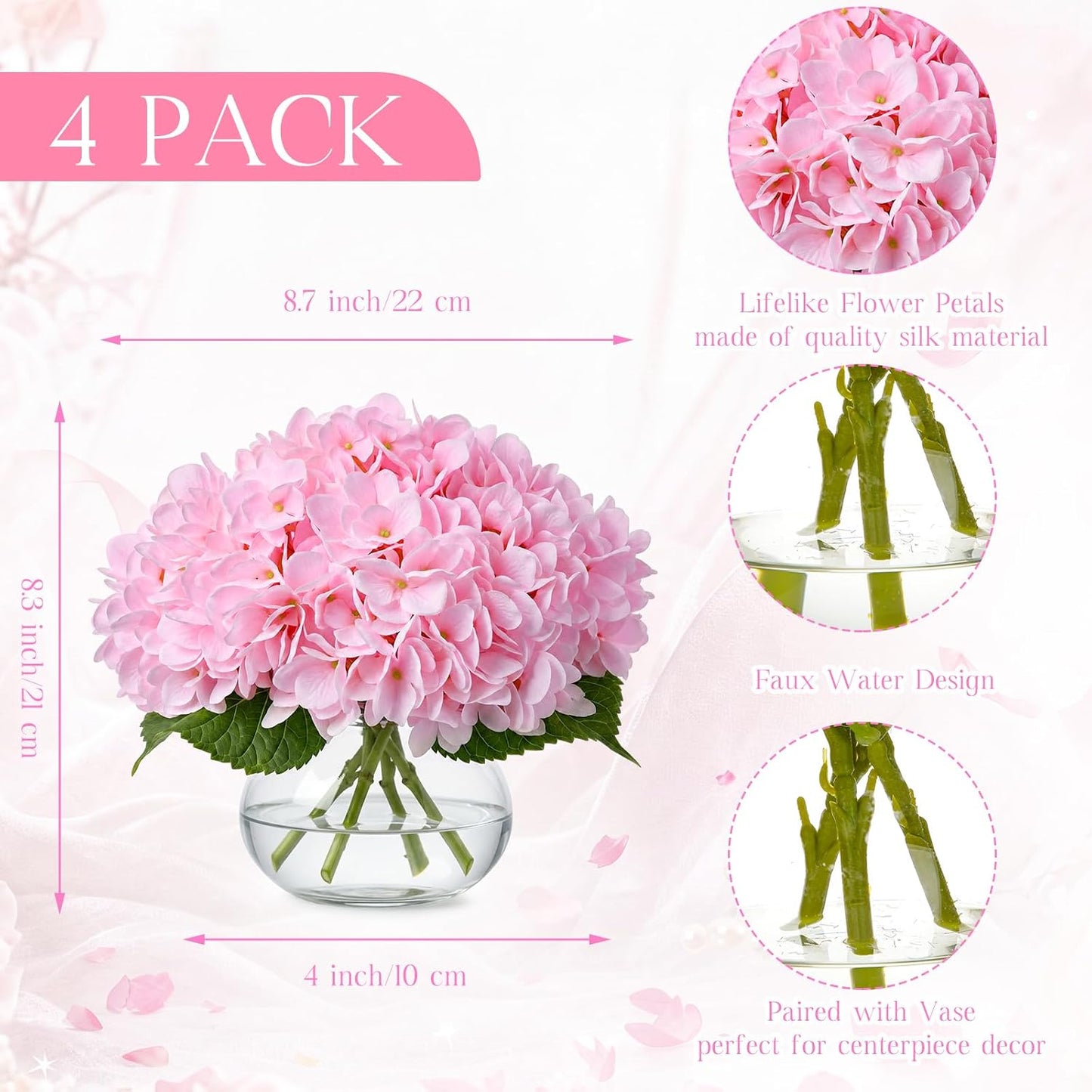 4 Pack Hydrangea Artificial Flowers Hydrangea Flowers Fake Silk Hydrangeas with Faux Vase and Water for Home Table Centerpieces Wedding Birthday Baby Shower Party Decoration (White)