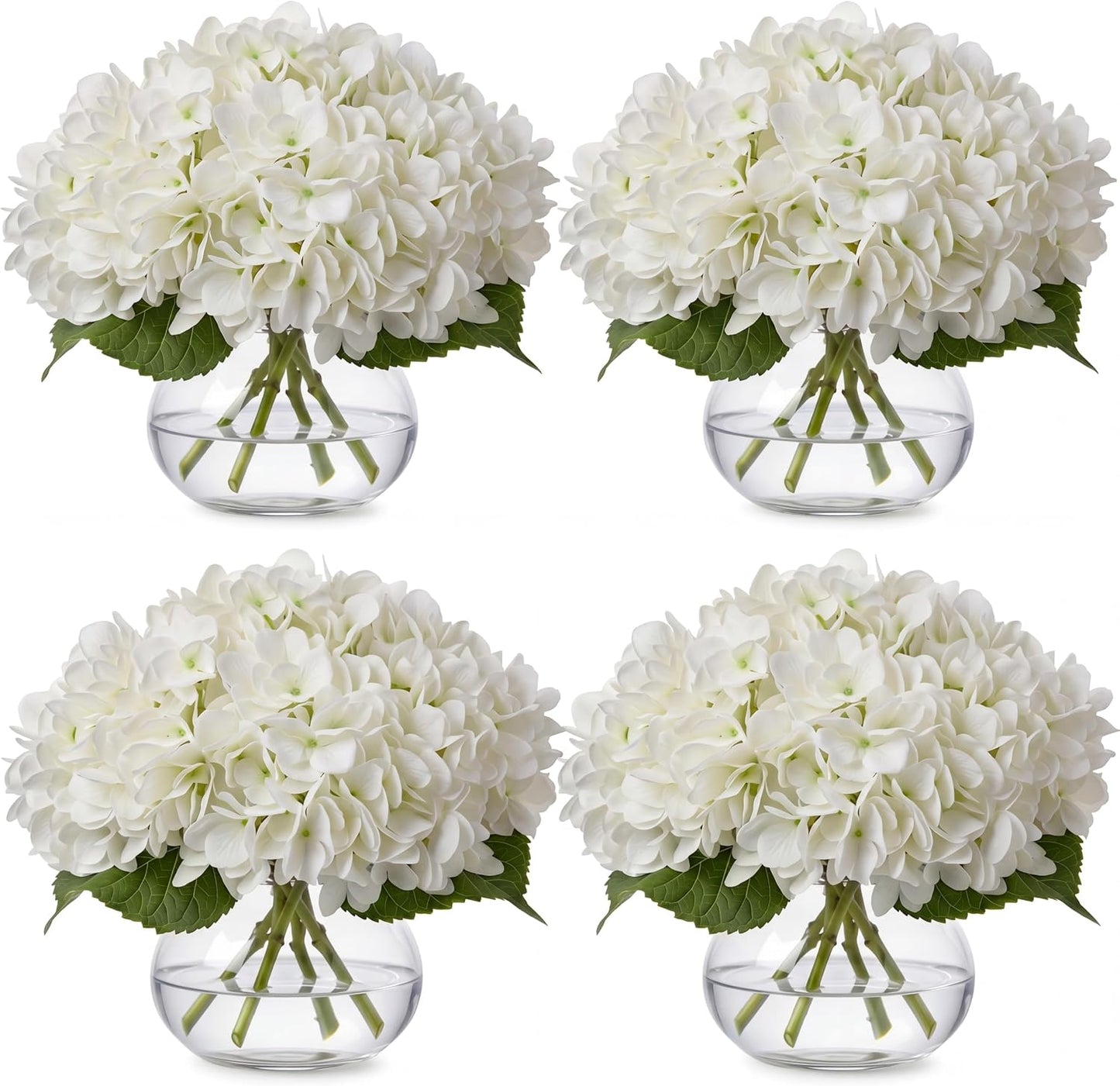 4 Pack Hydrangea Artificial Flowers Hydrangea Flowers Fake Silk Hydrangeas with Faux Vase and Water for Home Table Centerpieces Wedding Birthday Baby Shower Party Decoration (White)