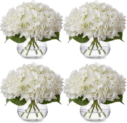 4 Pack Hydrangea Artificial Flowers Hydrangea Flowers Fake Silk Hydrangeas with Faux Vase and Water for Home Table Centerpieces Wedding Birthday Baby Shower Party Decoration (White)