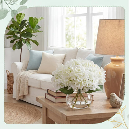 4 Pack Hydrangea Artificial Flowers Hydrangea Flowers Fake Silk Hydrangeas with Faux Vase and Water for Home Table Centerpieces Wedding Birthday Baby Shower Party Decoration (White)