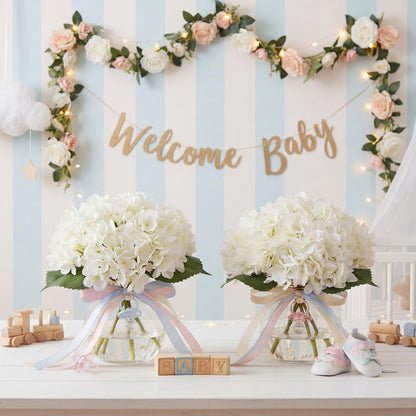 4 Pack Hydrangea Artificial Flowers Hydrangea Flowers Fake Silk Hydrangeas with Faux Vase and Water for Home Table Centerpieces Wedding Birthday Baby Shower Party Decoration (White)