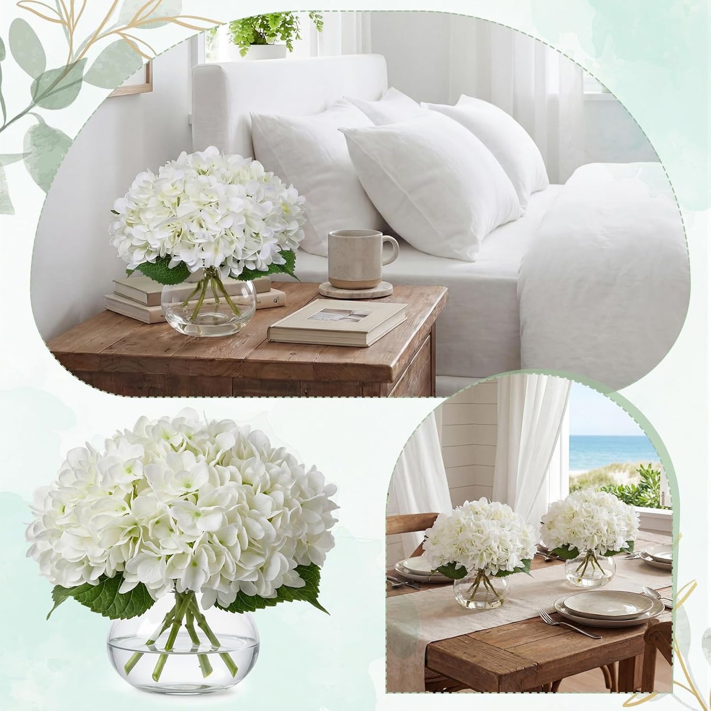 4 Pack Hydrangea Artificial Flowers Hydrangea Flowers Fake Silk Hydrangeas with Faux Vase and Water for Home Table Centerpieces Wedding Birthday Baby Shower Party Decoration (White)