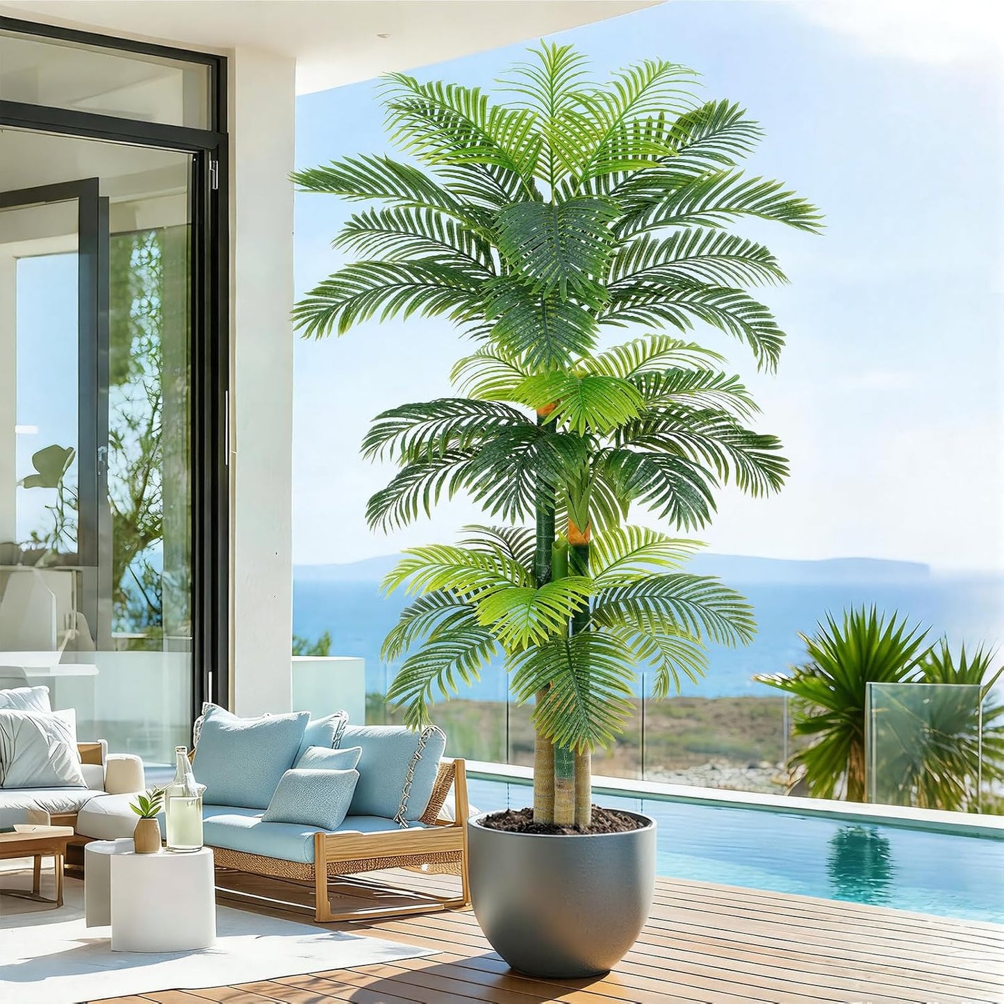 5ft Tall Triple Golden Cane Palm Artificial Tree Large Tropical Palm Tree UV Resistant Fake Plant in Pot for Indoor Outdoor Big House Living Room Outside Patio Office Home Decor 1Pack