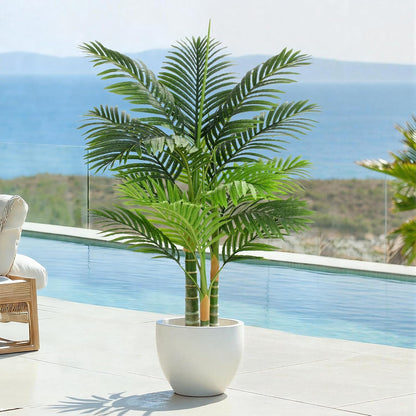 5ft Tall Triple Golden Cane Palm Artificial Tree Large Tropical Palm Tree UV Resistant Fake Plant in Pot for Indoor Outdoor Big House Living Room Outside Patio Office Home Decor 1Pack