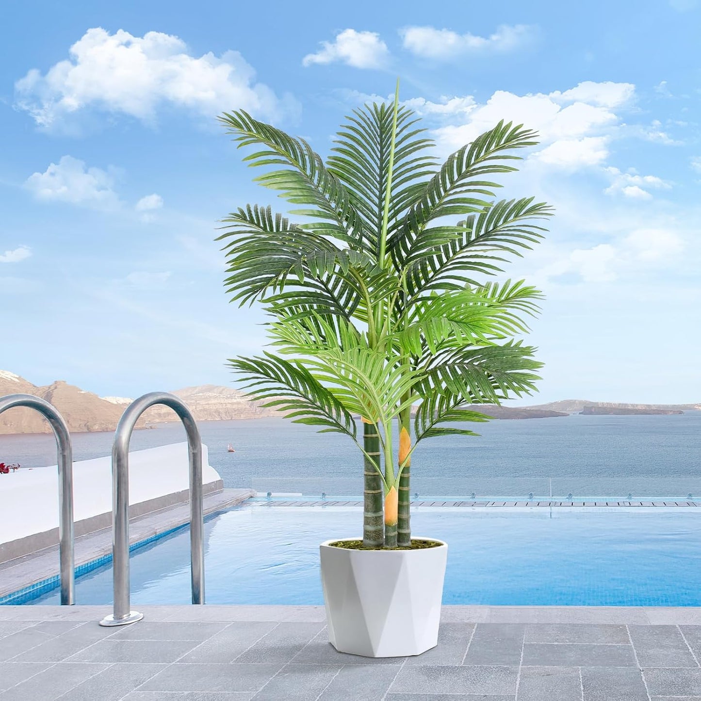 5ft Tall Triple Golden Cane Palm Artificial Tree Large Tropical Palm Tree UV Resistant Fake Plant in Pot for Indoor Outdoor Big House Living Room Outside Patio Office Home Decor 1Pack