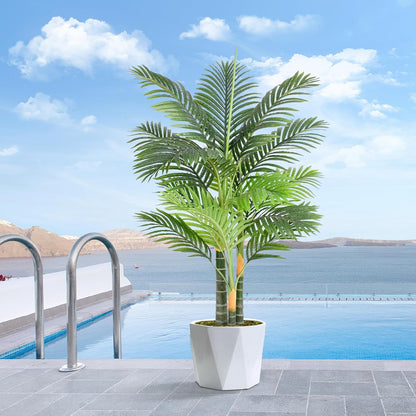 5ft Tall Triple Golden Cane Palm Artificial Tree Large Tropical Palm Tree UV Resistant Fake Plant in Pot for Indoor Outdoor Big House Living Room Outside Patio Office Home Decor 1Pack
