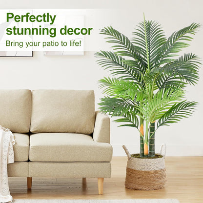 5ft Tall Triple Golden Cane Palm Artificial Tree Large Tropical Palm Tree UV Resistant Fake Plant in Pot for Indoor Outdoor Big House Living Room Outside Patio Office Home Decor 1Pack