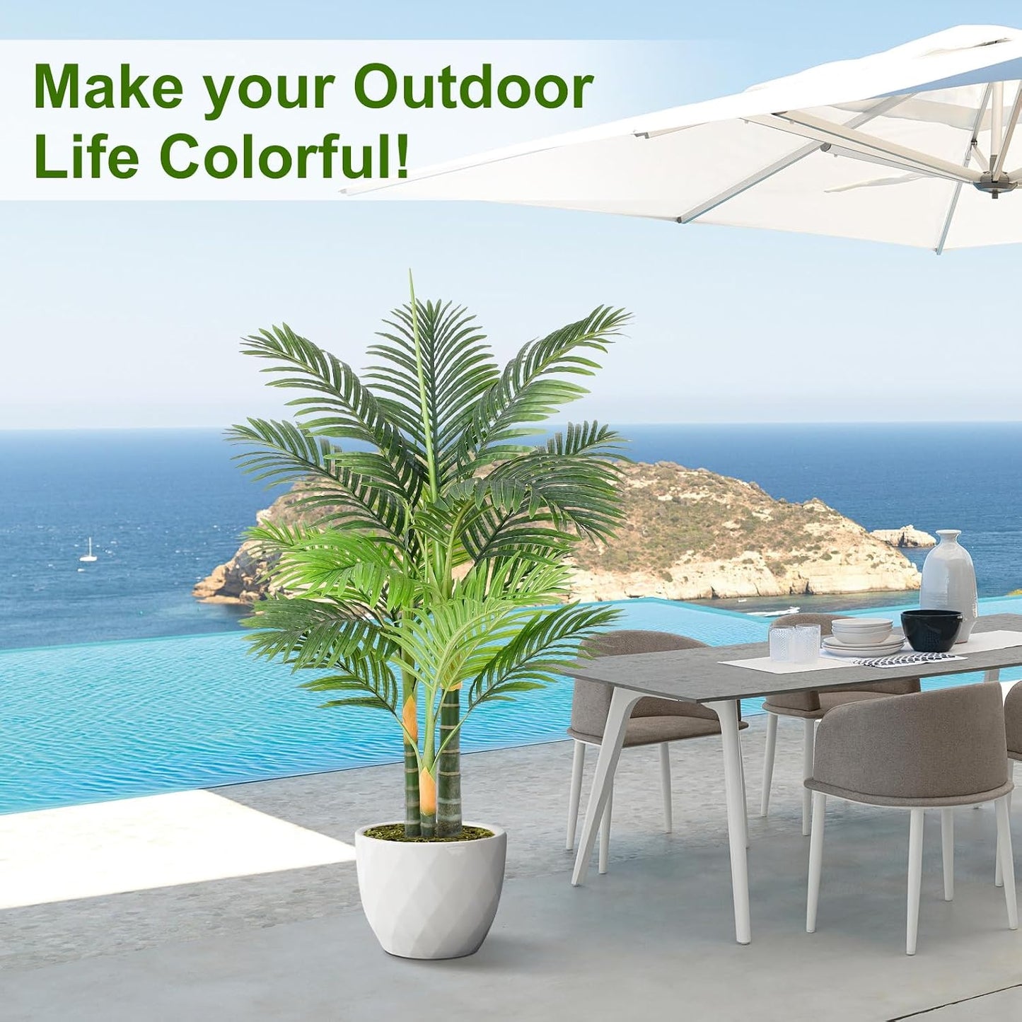5ft Tall Triple Golden Cane Palm Artificial Tree Large Tropical Palm Tree UV Resistant Fake Plant in Pot for Indoor Outdoor Big House Living Room Outside Patio Office Home Decor 1Pack