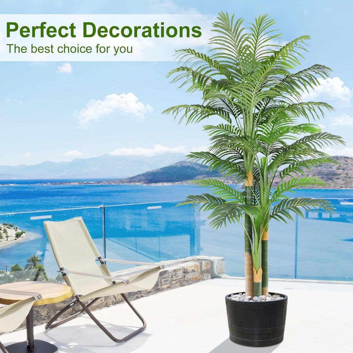 5ft Tall Triple Golden Cane Palm Artificial Tree Large Tropical Palm Tree UV Resistant Fake Plant in Pot for Indoor Outdoor Big House Living Room Outside Patio Office Home Decor 1Pack