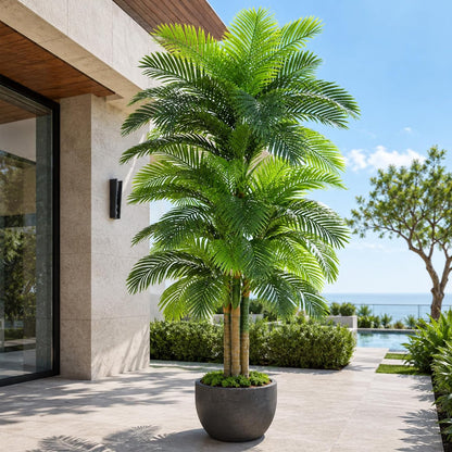 5ft Tall Triple Golden Cane Palm Artificial Tree Large Tropical Palm Tree UV Resistant Fake Plant in Pot for Indoor Outdoor Big House Living Room Outside Patio Office Home Decor 1Pack