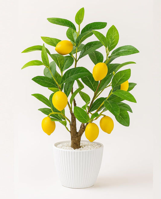 Artificial Lemon Tree with White Pot, 18” Faux Citrus Plant for Kitchen, Bathroom, Office or Shelf Decor, Vibrant Year-Round Home Accent Gift
