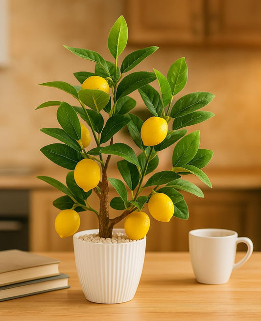 Artificial Lemon Tree with White Pot, 18” Faux Citrus Plant for Kitchen, Bathroom, Office or Shelf Decor, Vibrant Year-Round Home Accent Gift