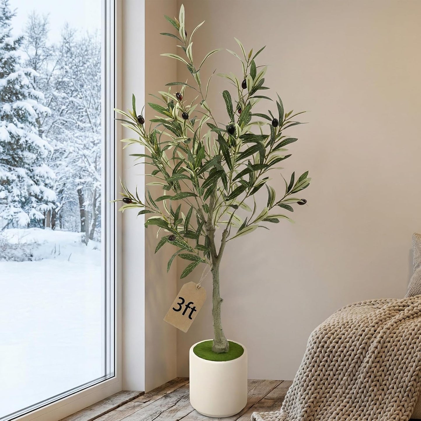 3FT Spherical Fake Olive Tree Artificial Indoor,Faux Olive Tree with Pot,Large Olive Branches and Lifelike Fruits,for Home Office House Living Room Decor.