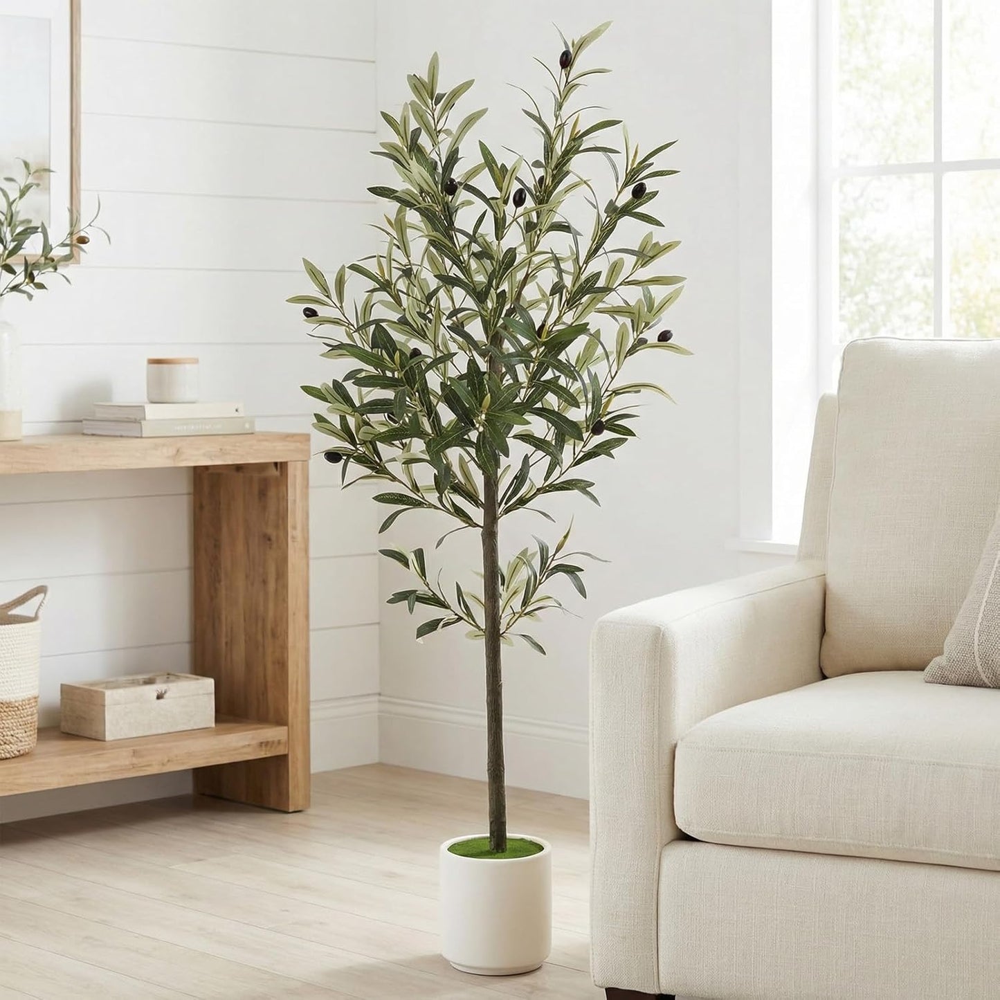 3FT Spherical Fake Olive Tree Artificial Indoor,Faux Olive Tree with Pot,Large Olive Branches and Lifelike Fruits,for Home Office House Living Room Decor.