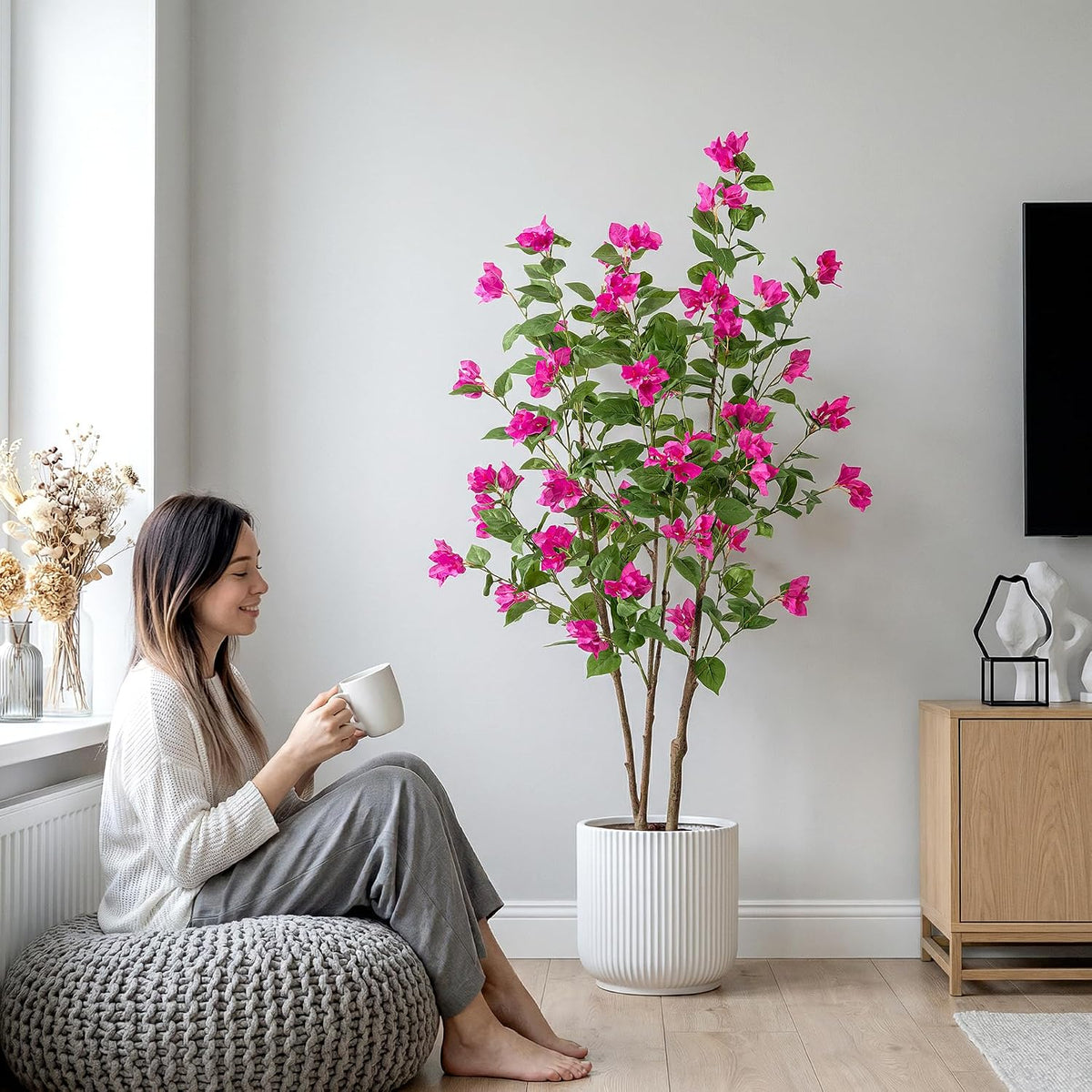 Artificial Bougainvillea Tree, 5 FT Faux Artificial Tree, Realistic Silk Flower Tree for Indoor Home Decor, Living Room, Entryway, Office & Farmhouse Decoration, Pink