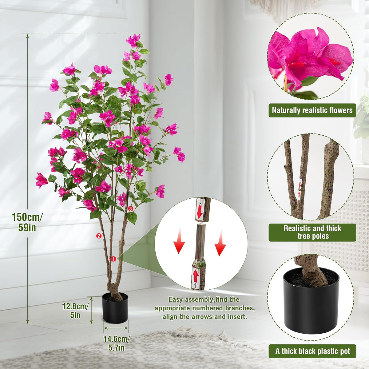 Artificial Bougainvillea Tree, 5 FT Faux Artificial Tree, Realistic Silk Flower Tree for Indoor Home Decor, Living Room, Entryway, Office & Farmhouse Decoration, Pink