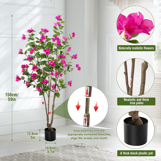 Artificial Bougainvillea Tree, 5 FT Faux Artificial Tree, Realistic Silk Flower Tree for Indoor Home Decor, Living Room, Entryway, Office & Farmhouse Decoration, Pink