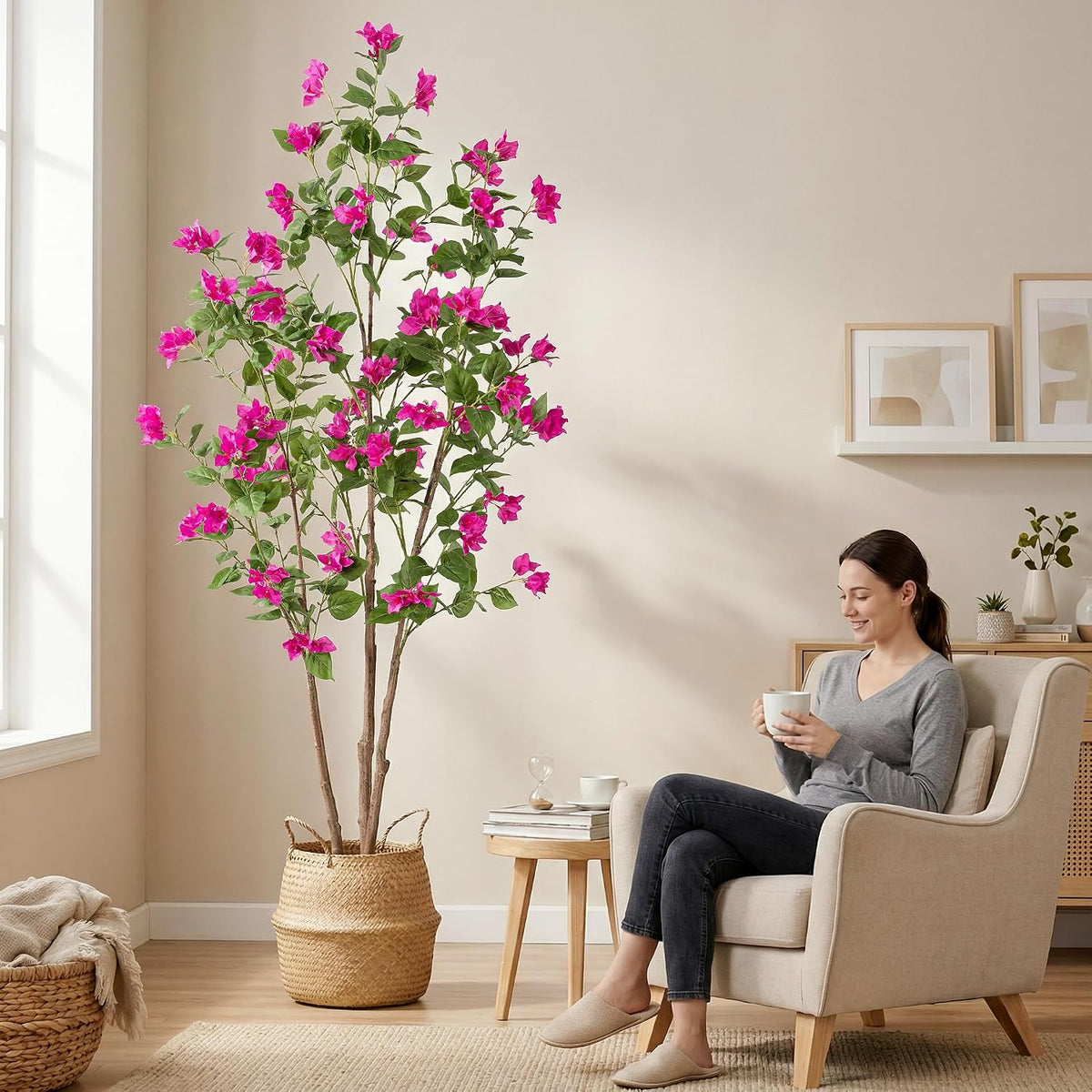 Artificial Bougainvillea Tree, 5 FT Faux Artificial Tree, Realistic Silk Flower Tree for Indoor Home Decor, Living Room, Entryway, Office & Farmhouse Decoration, Pink