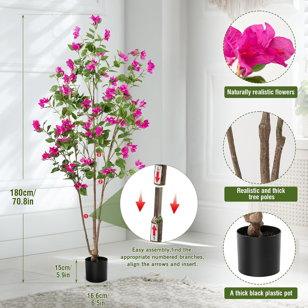 Artificial Bougainvillea Tree, 5 FT Faux Artificial Tree, Realistic Silk Flower Tree for Indoor Home Decor, Living Room, Entryway, Office & Farmhouse Decoration, Pink