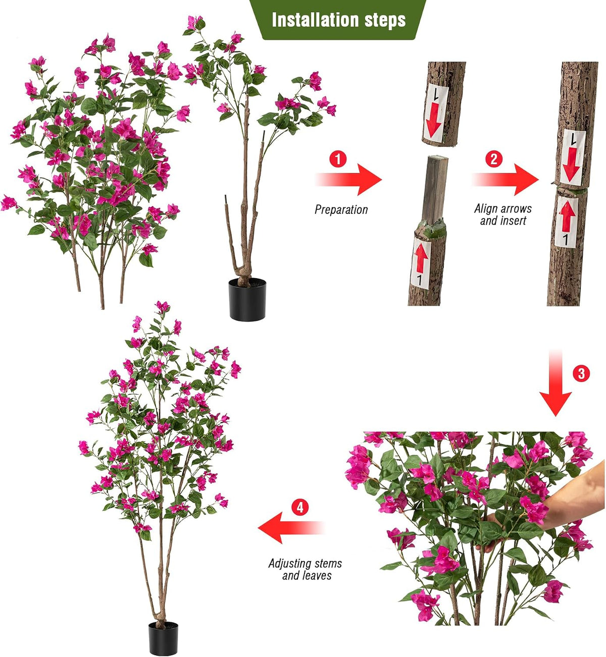 Artificial Bougainvillea Tree, 5 FT Faux Artificial Tree, Realistic Silk Flower Tree for Indoor Home Decor, Living Room, Entryway, Office & Farmhouse Decoration, Pink