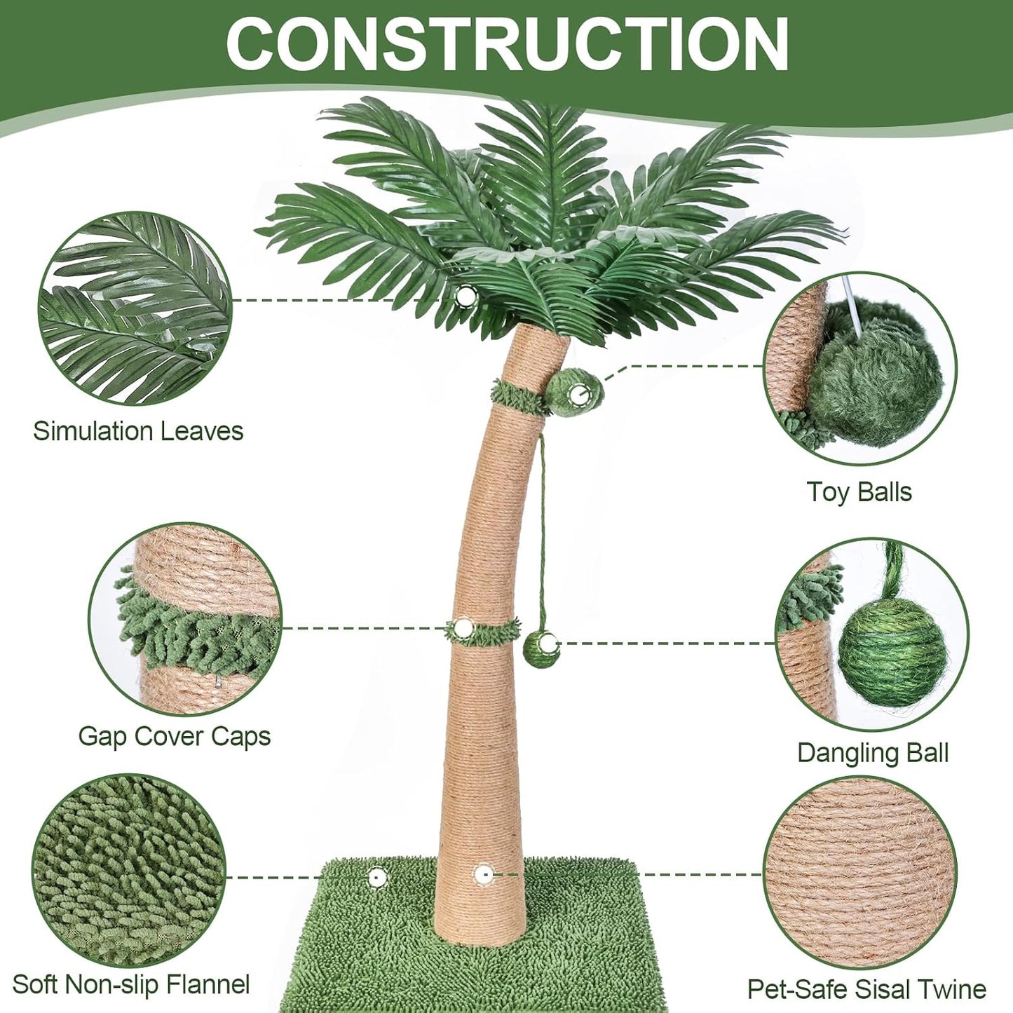 40'' Tall Cat Scratching Post Cat Tree, Curved Design Cat Scratcher Post with 3 Interactive Balls, Natural Sisal Rope Cat Scratching Posts for Indoor Cats Adults Kittens, Multi-Combinable (Style A)