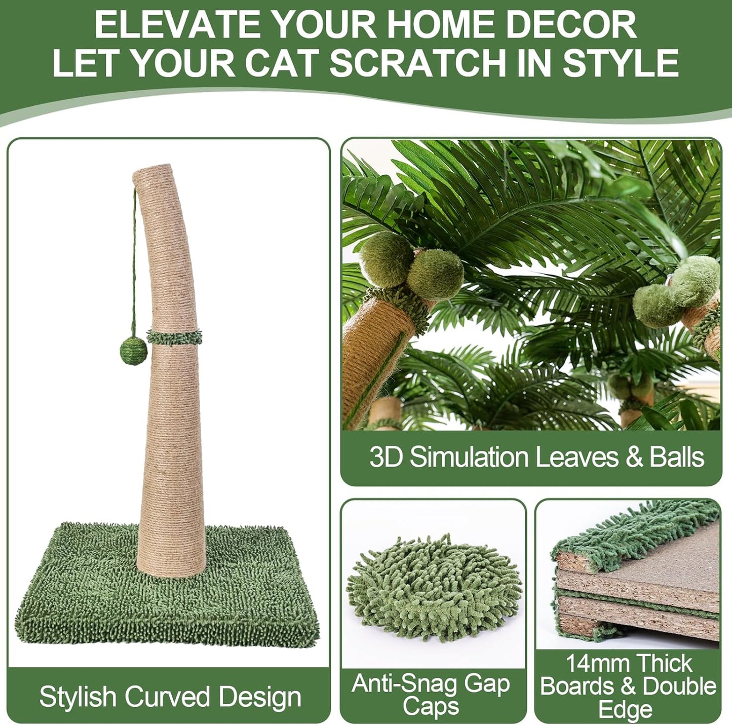 40'' Tall Cat Scratching Post Cat Tree, Curved Design Cat Scratcher Post with 3 Interactive Balls, Natural Sisal Rope Cat Scratching Posts for Indoor Cats Adults Kittens, Multi-Combinable (Style A)
