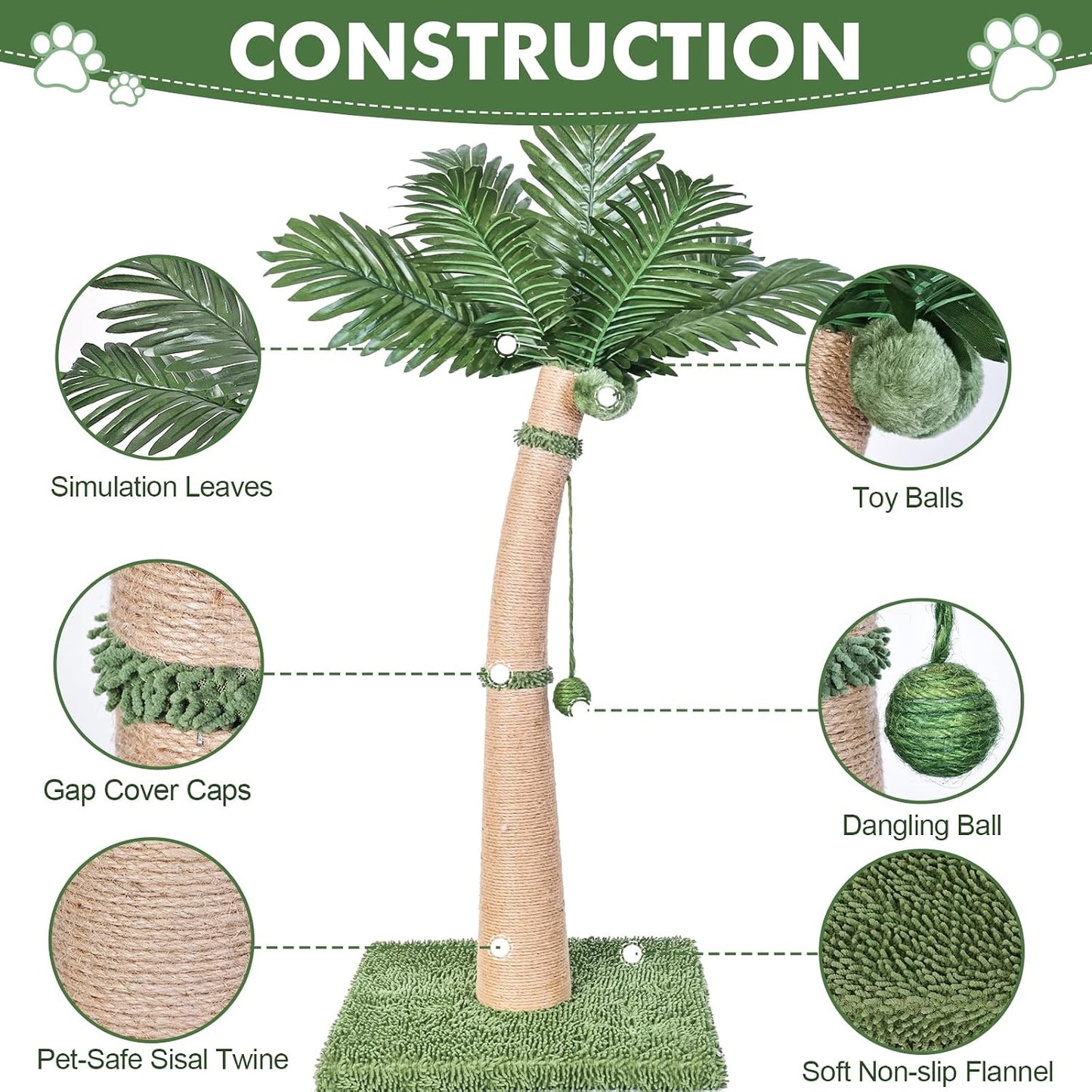40'' Tall Cat Scratching Post Cat Tree, Curved Design Cat Scratcher Post with 3 Interactive Balls, Natural Sisal Rope Cat Scratching Posts for Indoor Cats Adults Kittens, Multi-Combinable (Style A)