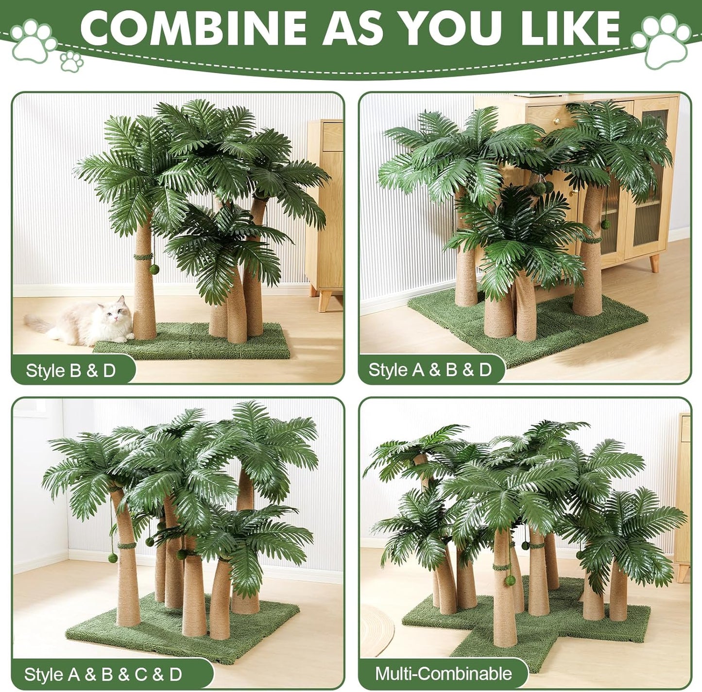 40'' Tall Cat Scratching Post Cat Tree, Curved Design Cat Scratcher Post with 3 Interactive Balls, Natural Sisal Rope Cat Scratching Posts for Indoor Cats Adults Kittens, Multi-Combinable (Style A)