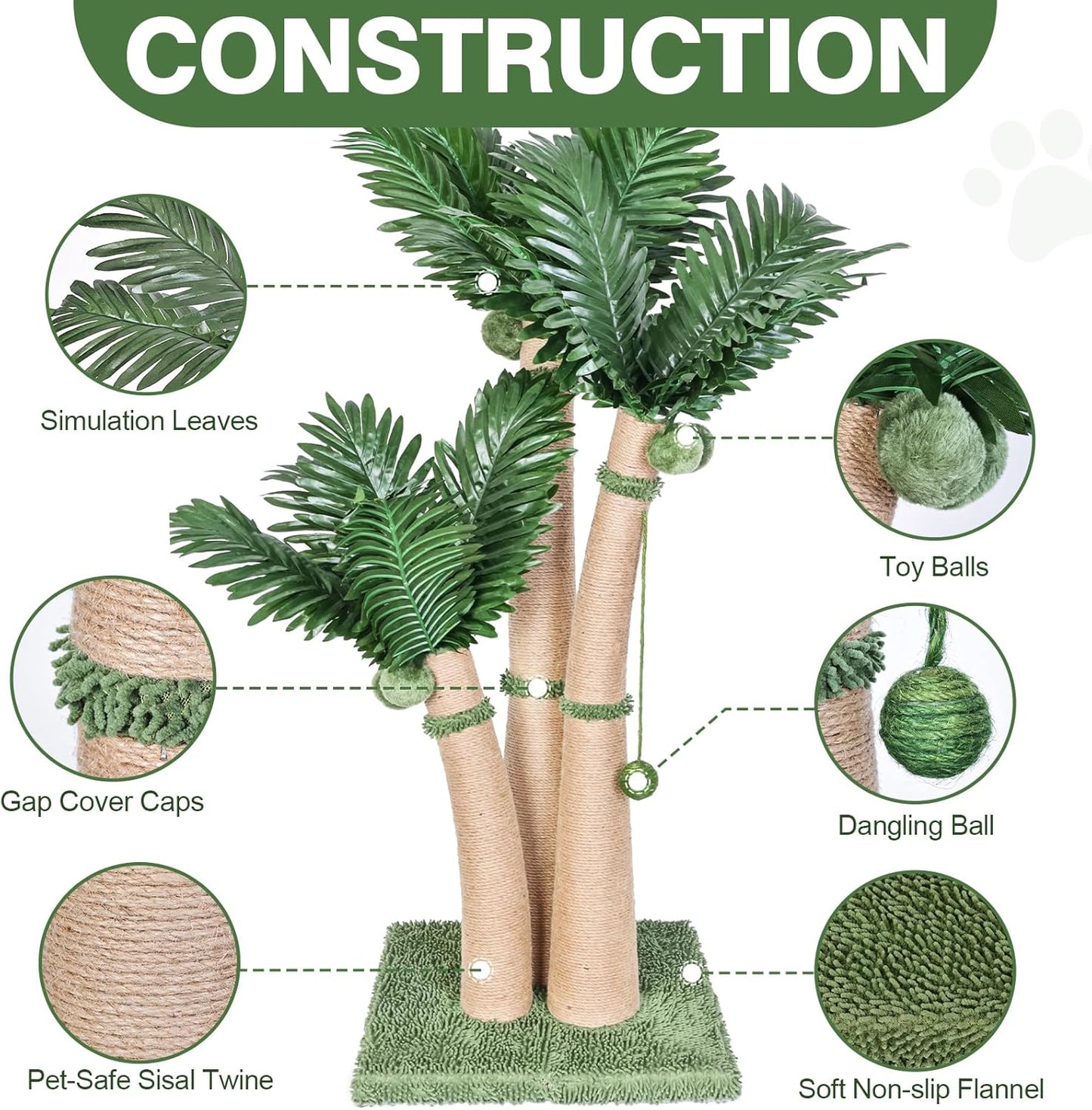 40'' Tall Cat Scratching Post Cat Tree, Curved Design Cat Scratcher Post with 3 Interactive Balls, Natural Sisal Rope Cat Scratching Posts for Indoor Cats Adults Kittens, Multi-Combinable (Style A)