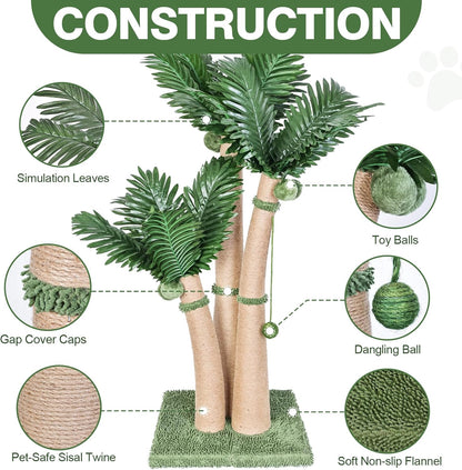 40'' Tall Cat Scratching Post Cat Tree, Curved Design Cat Scratcher Post with 3 Interactive Balls, Natural Sisal Rope Cat Scratching Posts for Indoor Cats Adults Kittens, Multi-Combinable (Style A)