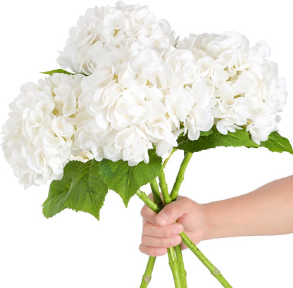 White Hydrangea Artificial Flowers, 22.5In Latex Faux Real Touch Large Hydrangea Flowers with Long Stems & Leaves for Home Office Decor Wedding Party Arrangements(White)