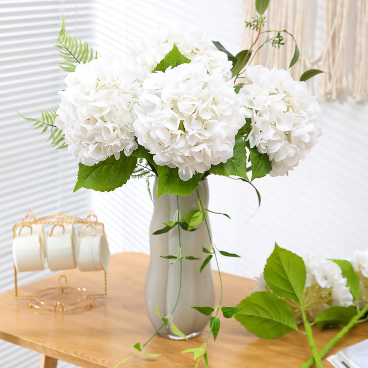 White Hydrangea Artificial Flowers, 22.5In Latex Faux Real Touch Large Hydrangea Flowers with Long Stems & Leaves for Home Office Decor Wedding Party Arrangements(White)