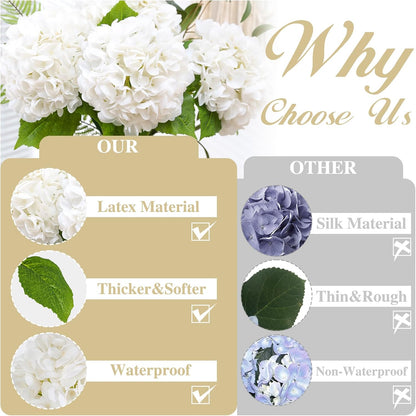 White Hydrangea Artificial Flowers, 22.5In Latex Faux Real Touch Large Hydrangea Flowers with Long Stems & Leaves for Home Office Decor Wedding Party Arrangements(White)
