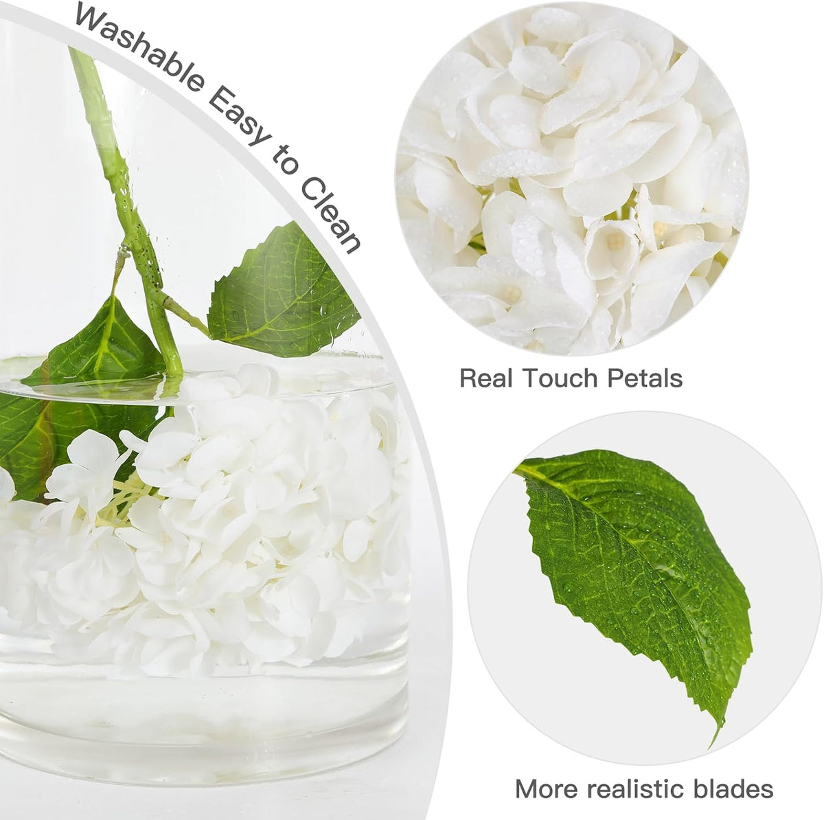 White Hydrangea Artificial Flowers, 22.5In Latex Faux Real Touch Large Hydrangea Flowers with Long Stems & Leaves for Home Office Decor Wedding Party Arrangements(White)