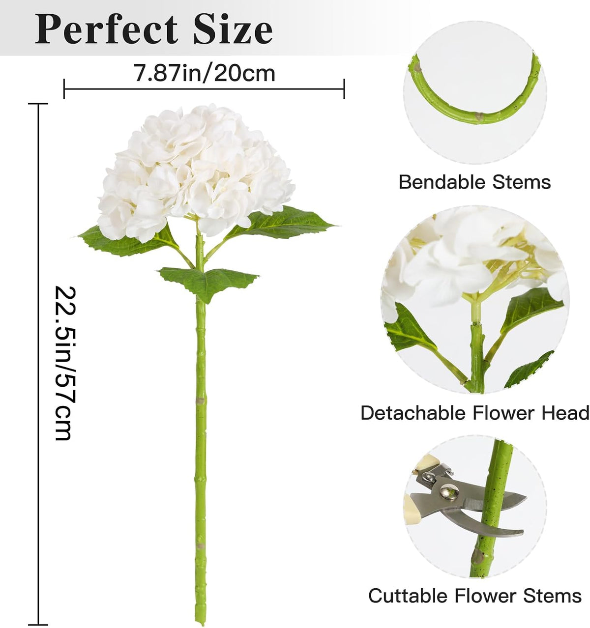 White Hydrangea Artificial Flowers, 22.5In Latex Faux Real Touch Large Hydrangea Flowers with Long Stems & Leaves for Home Office Decor Wedding Party Arrangements(White)